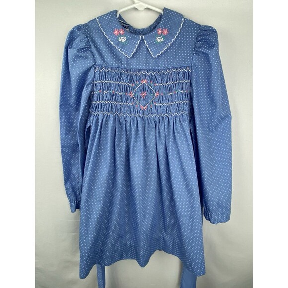 VTG Polly Flinders Dress Girls 6X Blue Polka Dot Peter Pan Collar Smocked READ - Picture 1 of 14